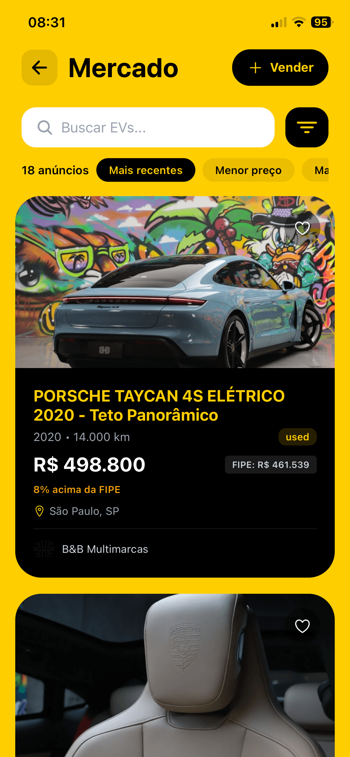 Marketplace de veículos elétricos no app EME