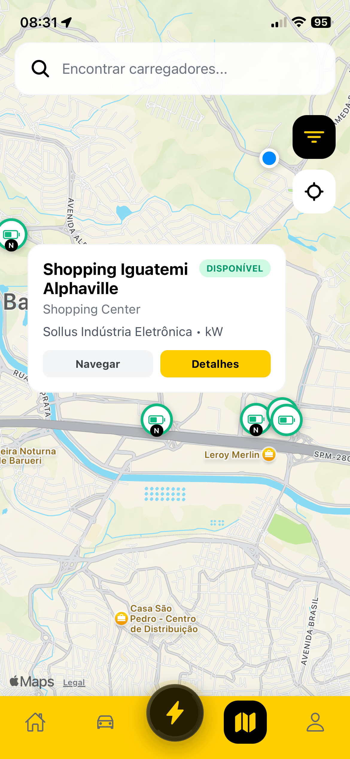 Mapa de carregadores no app EME